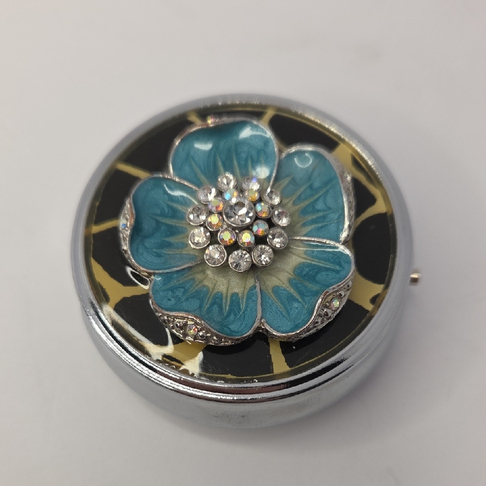 Vintage Silver Tone Floral Pill Box with  (3) Compartments